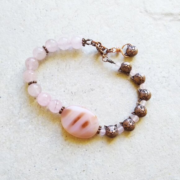 Hand Crafted Jewelry - Pink Rose Quartz & Copper Cats Bracelet 7-8" Wrist - Cat Lovers & Cat Ladies